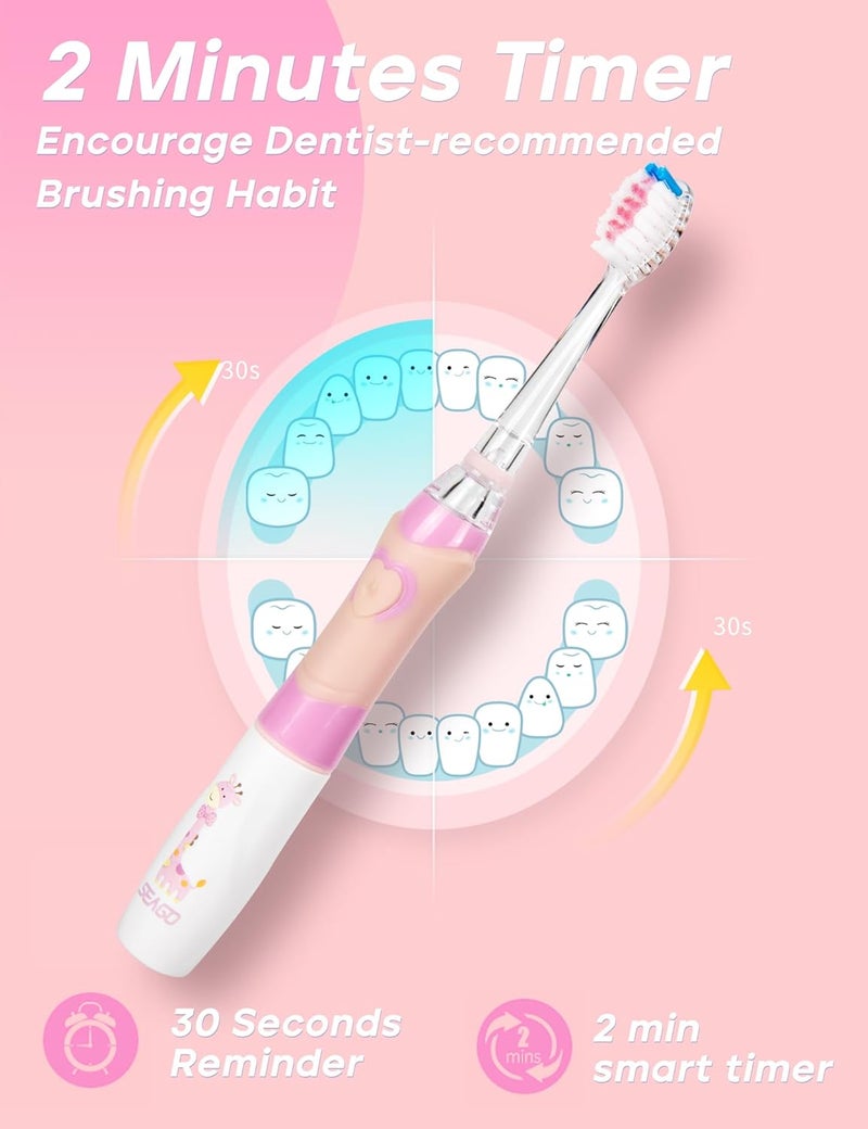 Seago Kids Electric Toothbrush with 2 Mins Brushing Timer and 8 Replacement Bursh Heads,Rainbow LED Light Make Brushing Fun, Pink Color Girls Battery Powerd Toothbrush for 4-12 Years Old - Image 3